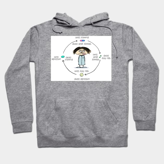 Medicinal Cures and Causes | Medication Side Effects Cartoon Hoodie by Coffee Squirrel